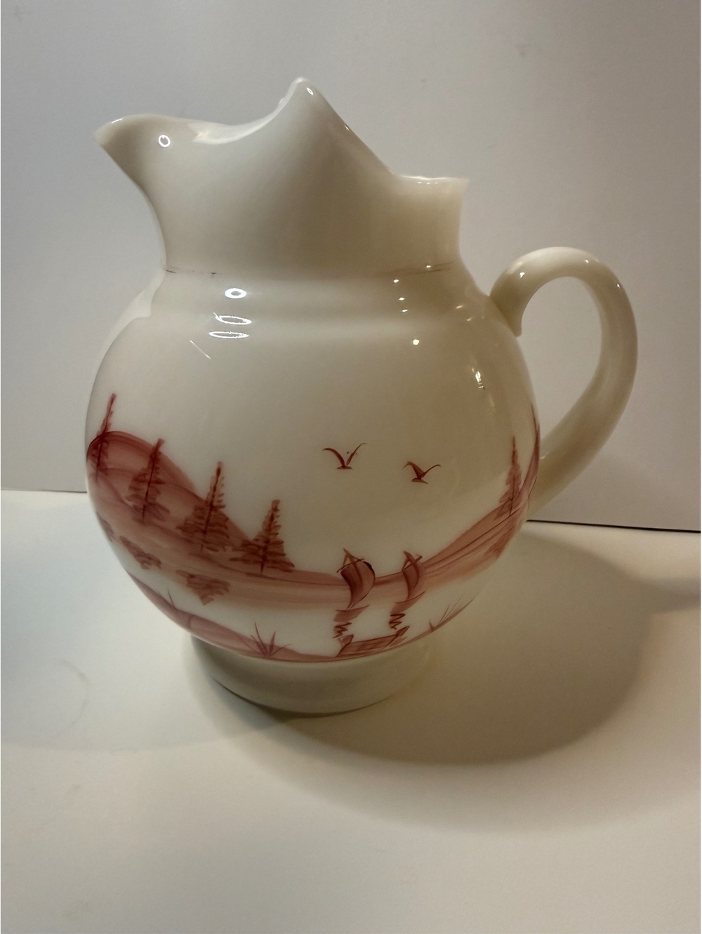Vintage Dunbar Milk Glass Pitcher Hand Painted Sailboat Landscape 1940s
